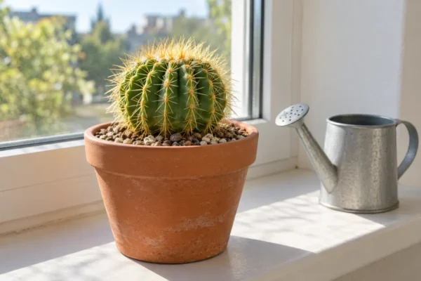 Healthy ribbed desert cactus in a terracotta pot beside a watering can