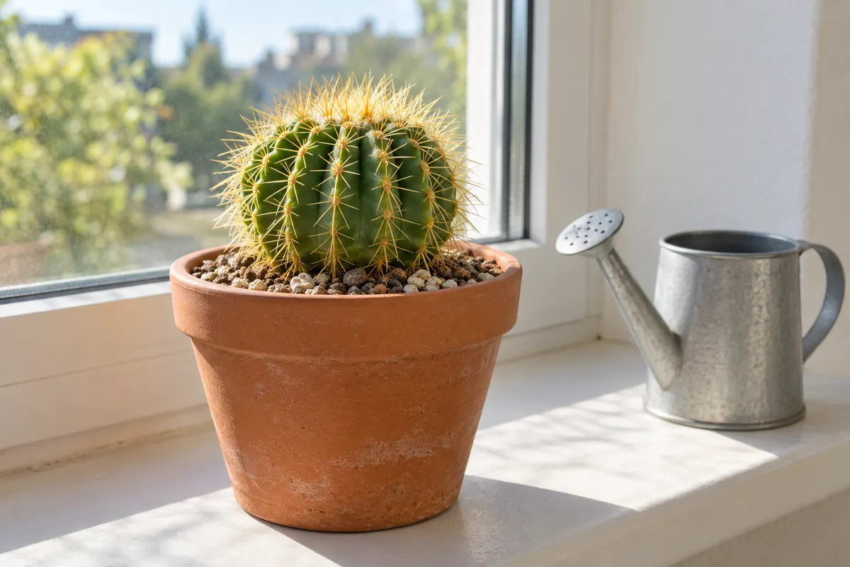 Healthy ribbed desert cactus in a terracotta pot beside a watering can