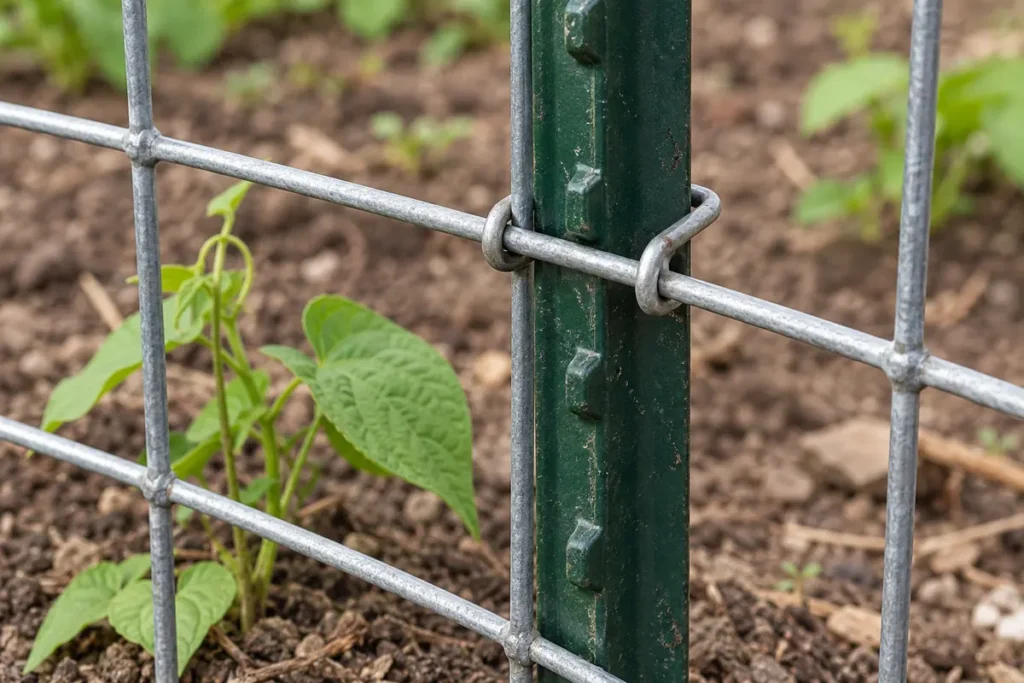 Bent metal clip holding a horizontal panel wire against a studded green fence post