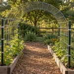 Arched welded wire garden trellis spanning a mulched path between raised beds