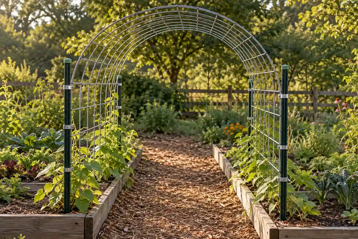 Arched welded wire garden trellis spanning a mulched path between raised beds