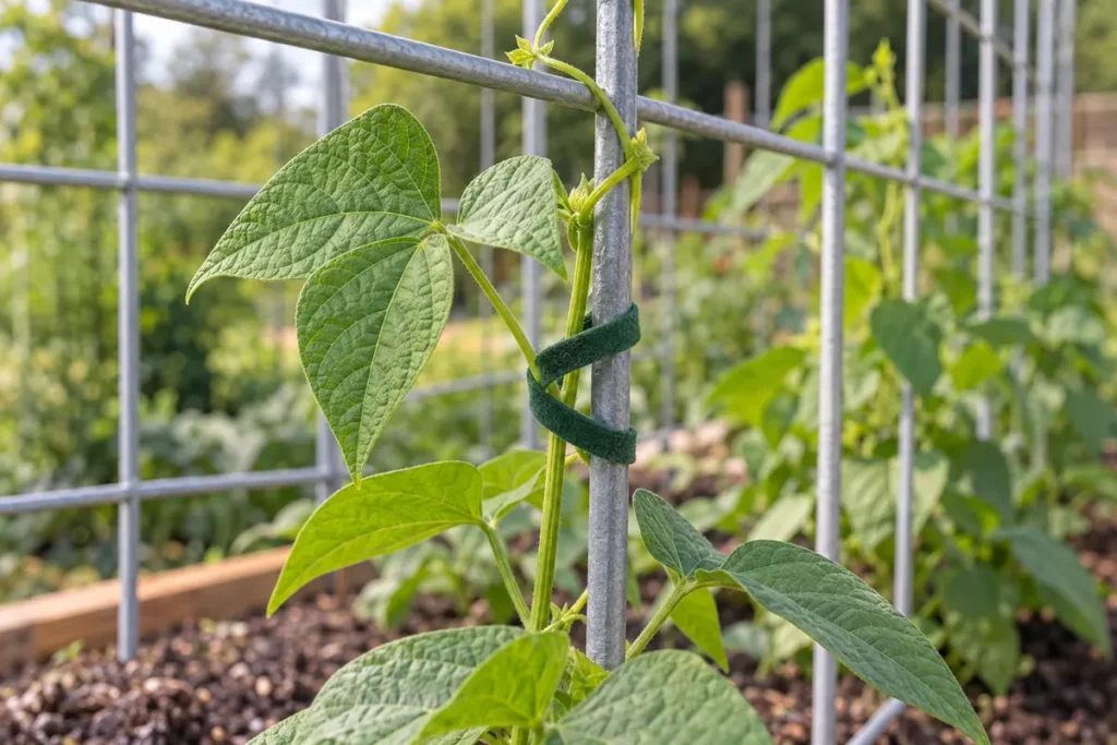 Young climbing vine held near a welded trellis wire by a soft green tie
