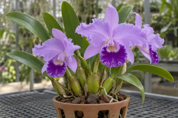 Lavender Cattleya flowers above firm leaves and swollen pseudobulbs