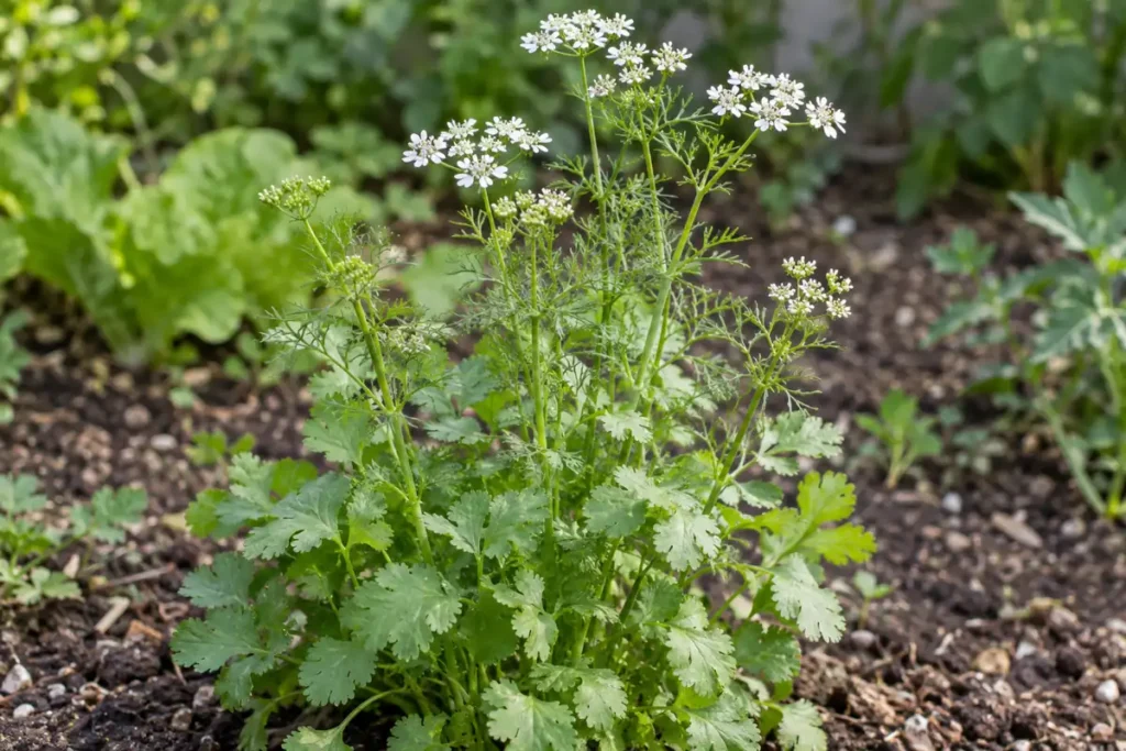 Cilantro flower stalks with fine upper leaves and small white flower clusters