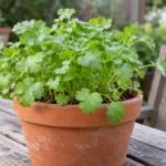 Young cilantro with rounded green leaves growing in a terracotta pot
