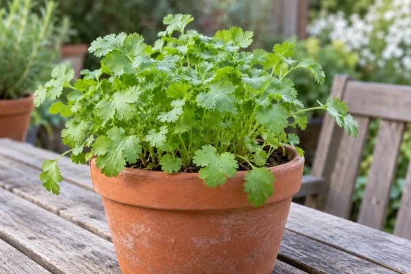 Young cilantro with rounded green leaves growing in a terracotta pot