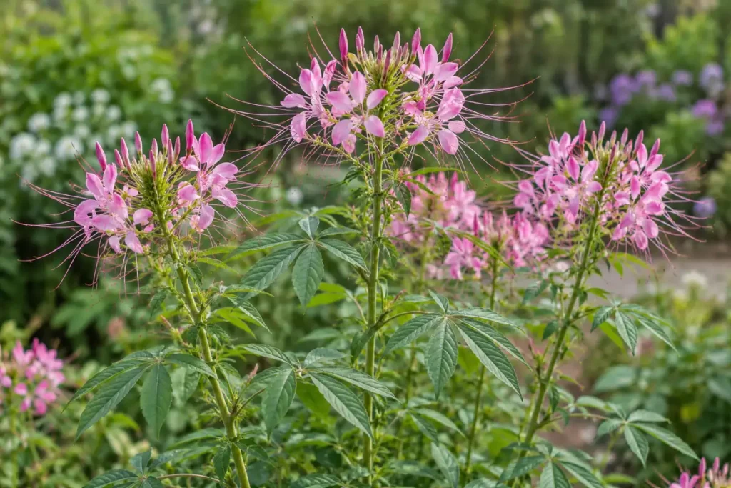 Pink cleome flowers with long protruding stamens above palmate leaves