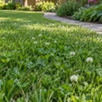 White clover and fine grass growing together beside a curved garden path