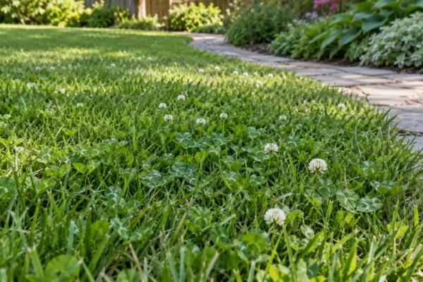 White clover and fine grass growing together beside a curved garden path