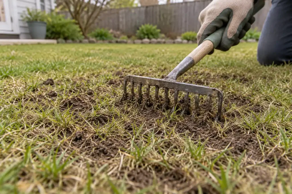 Garden rake opening small patches of soil between short lawn grass