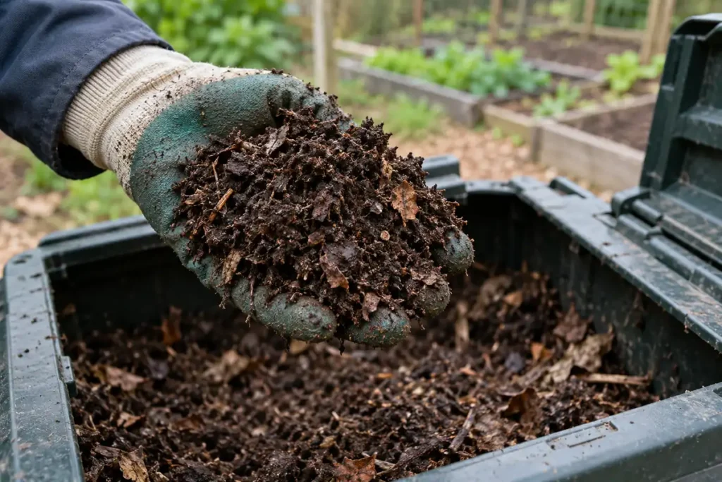 Crumbly garden compost and leaf fragments held in a gloved hand above a compost bin