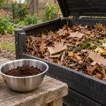 Used coffee grounds in a small bowl beside a compost bin filled with leaves and cardboard
