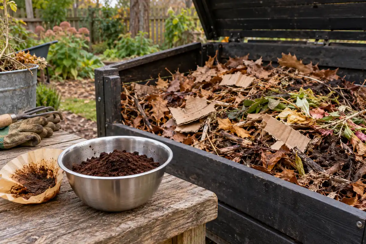 Used coffee grounds in a small bowl beside a compost bin filled with leaves and cardboard