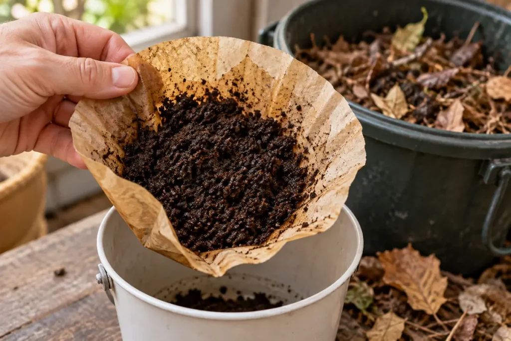 Used paper coffee filter holding damp coffee grounds above a collection bucket