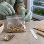 Hands placing seeds into a clear bag of damp vermiculite beside a refrigerator