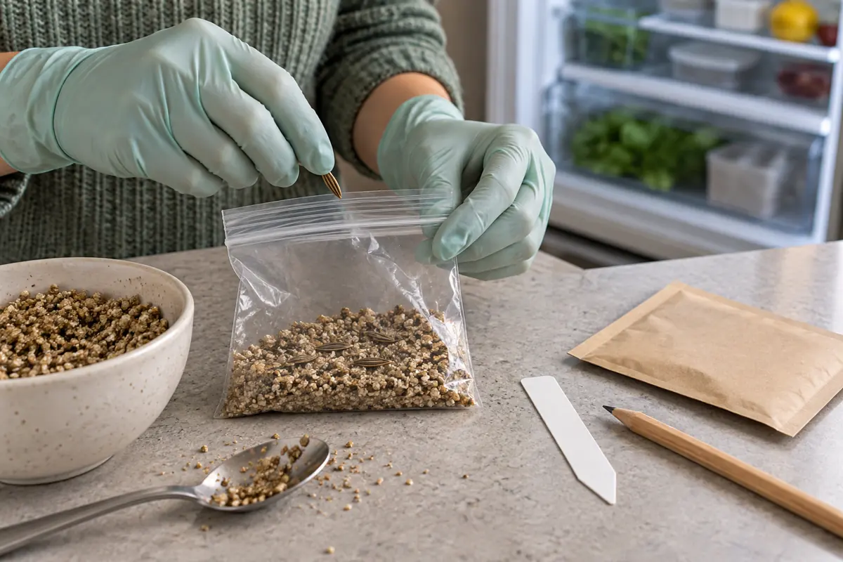 Hands placing seeds into a clear bag of damp vermiculite beside a refrigerator