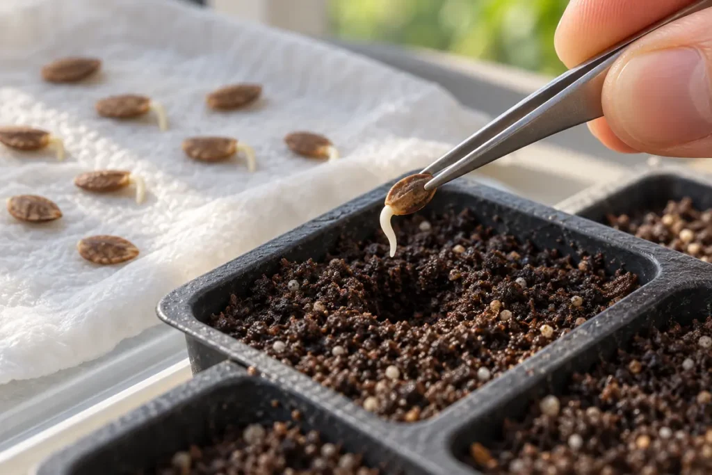 Tweezers holding a germinated seed by its coat above a prepared seed-starting cell
