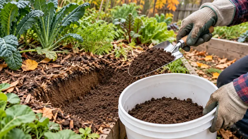 Gloved hands collecting crumbly garden soil with a trowel and clean bucket