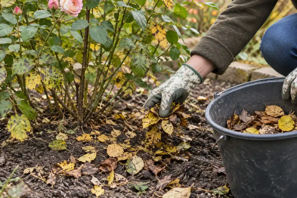 Gloved hands gathering fallen spotted rose leaves into a bucket