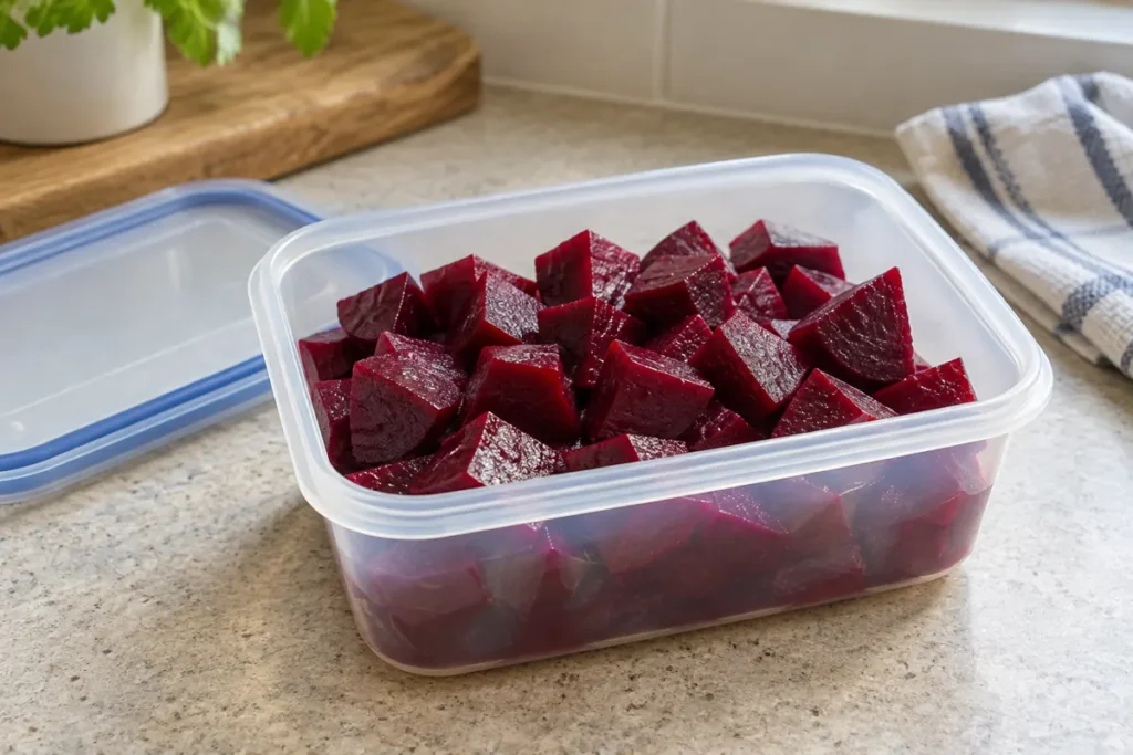 Peeled cooked red beet cubes packed in a freezer container with space below the rim