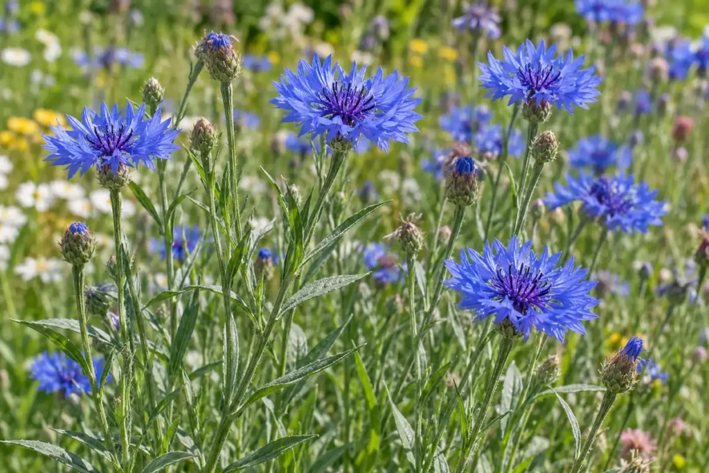 Rich blue cornflower heads with fringed florets above narrow gray-green leaves