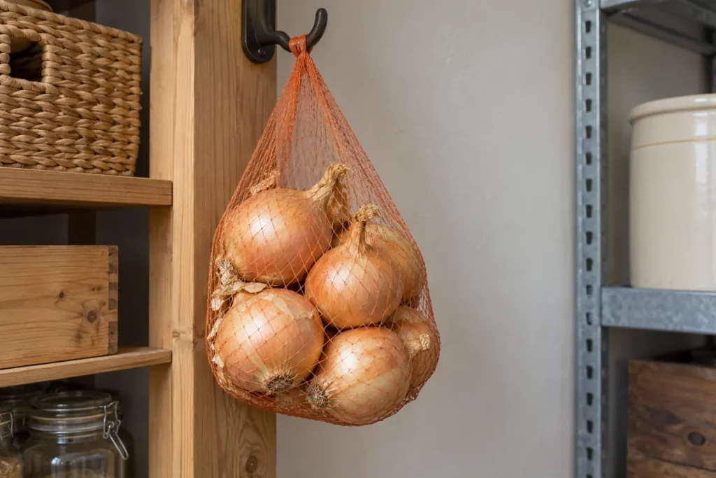 Dry cured onion bulbs held in a breathable mesh bag with air around it