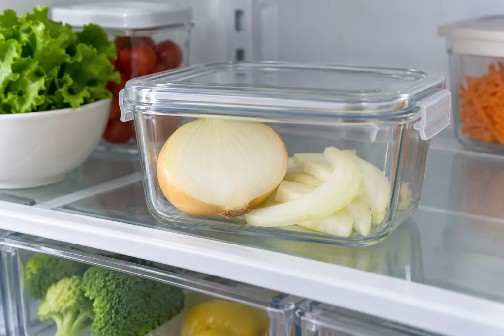 A cut onion half and slices enclosed in a clear food container in a refrigerator