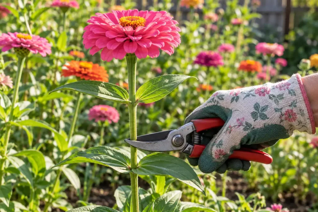 Garden snips positioned on a zinnia stem below a fully open pink flower