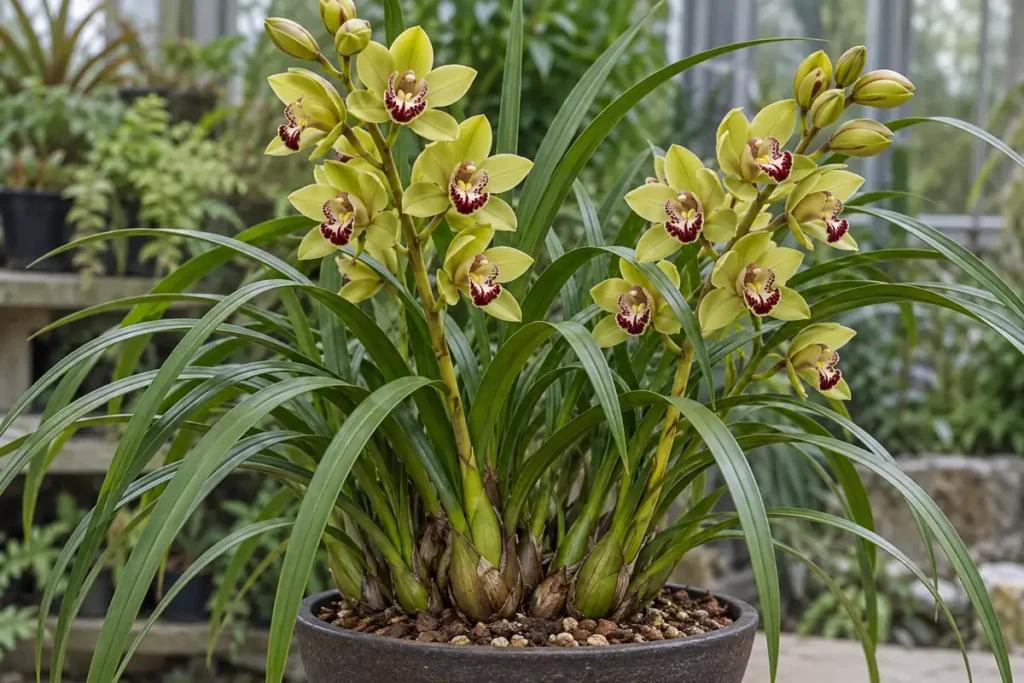 Cymbidium flower spikes with green-yellow blooms and long strap leaves