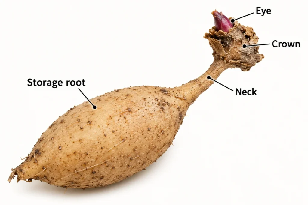 Dahlia division showing an eye on the crown, an intact neck, and the storage root