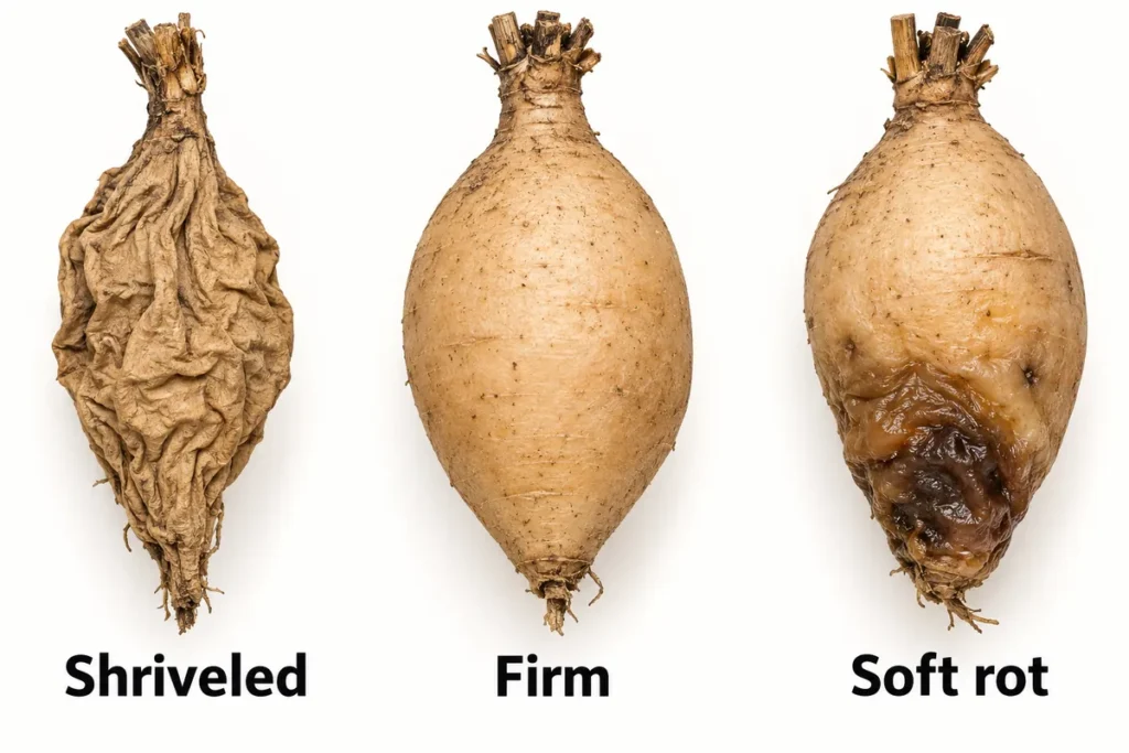 Comparison of a shriveled dahlia root, a firm root, and a root with soft rot