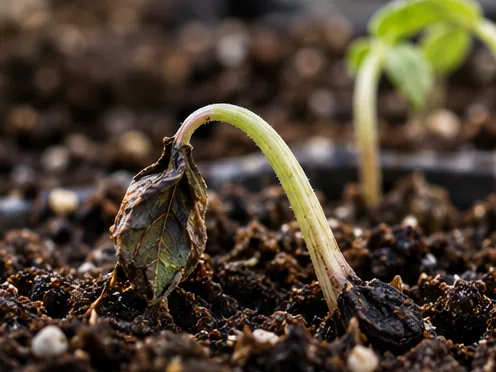 Damping-Off Seedling Collapsed seedling with a narrowed stem at the soil line