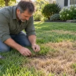 Gardener examining grass at the edge of a brown lawn patch