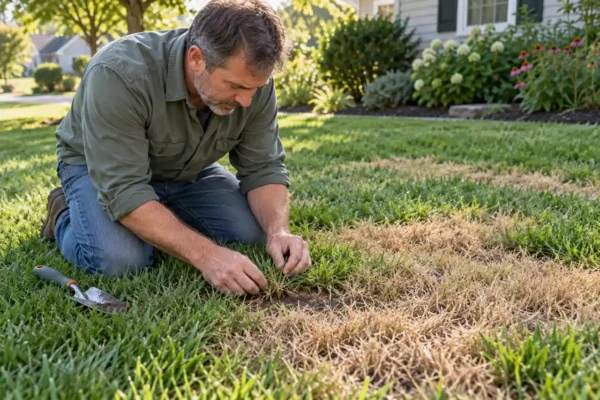 Gardener examining grass at the edge of a brown lawn patch