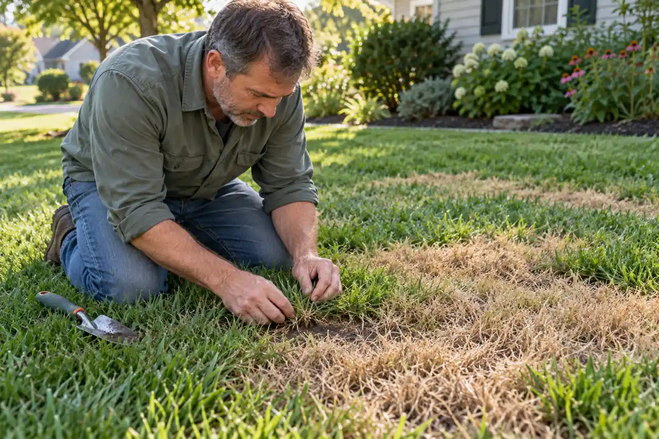 Gardener examining grass at the edge of a brown lawn patch