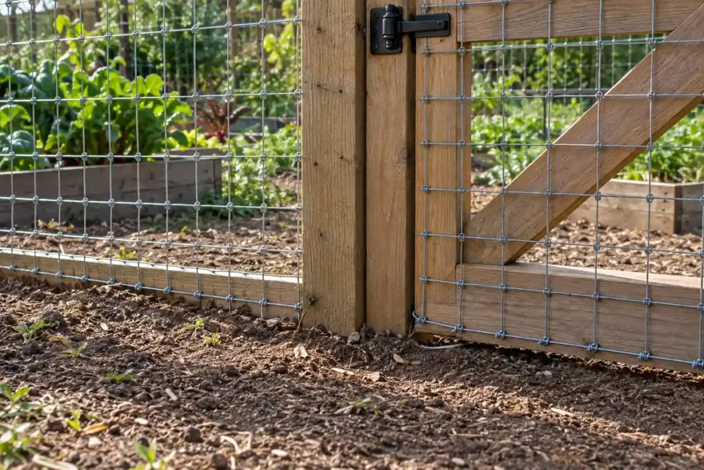 Closed wire-mesh garden gate and fence secured along the soil surface