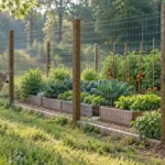 White-tailed deer outside a wire fence enclosing raised vegetable beds