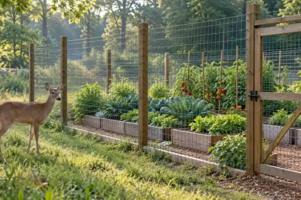 White-tailed deer outside a wire fence enclosing raised vegetable beds