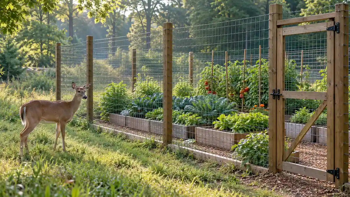 White-tailed deer outside a wire fence enclosing raised vegetable beds