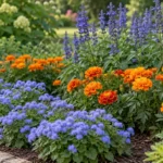 Blue ageratum, orange French marigolds and blue salvia growing in separate drifts in a sunny border