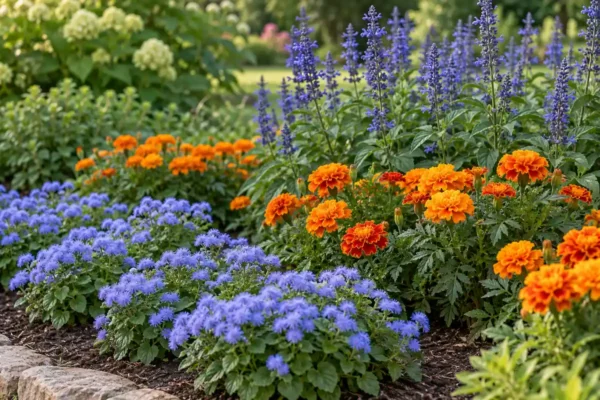 Blue ageratum, orange French marigolds and blue salvia growing in separate drifts in a sunny border