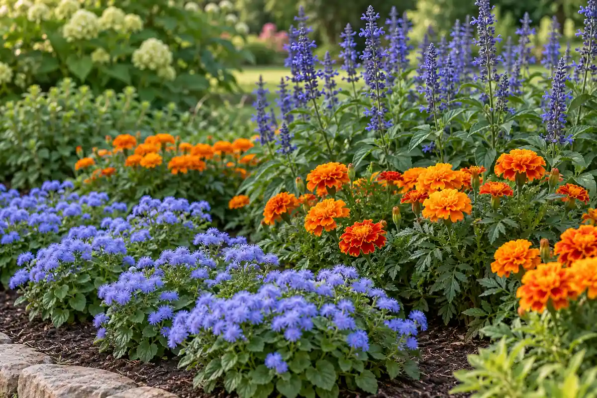 Blue ageratum, orange French marigolds and blue salvia growing in separate drifts in a sunny border