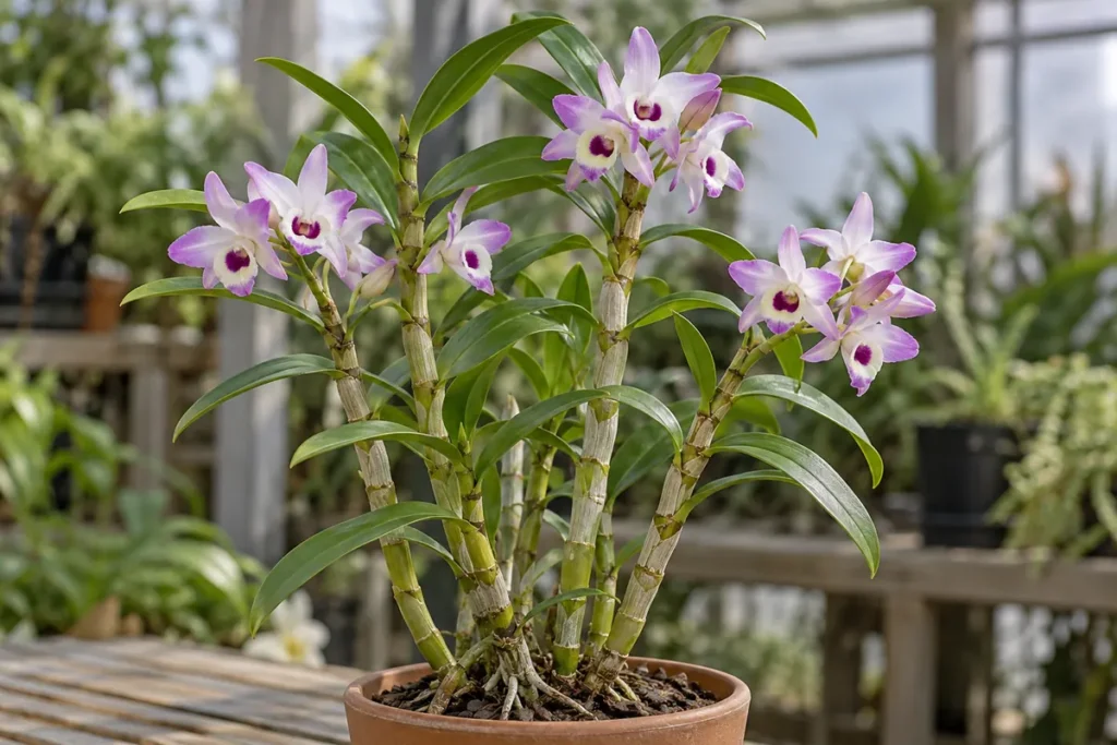 White and pink Dendrobium flowers growing along upright segmented canes