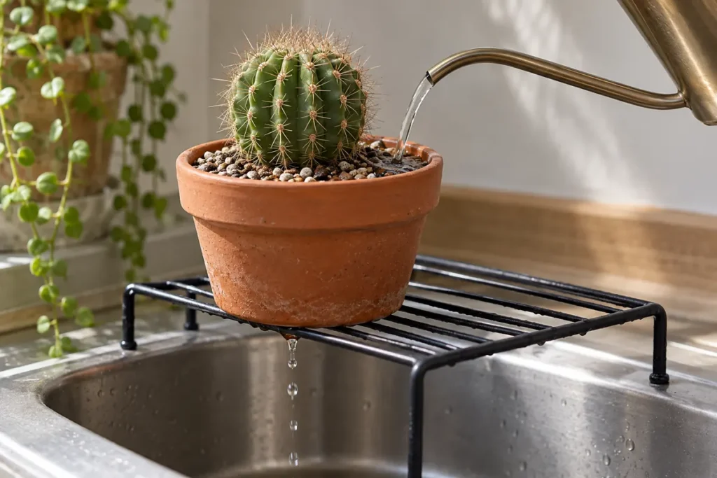 Desert cactus pot draining through its base after water reaches the gritty mix