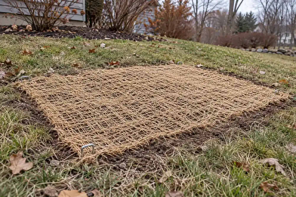 Woven fiber erosion-control blanket secured over a bare lawn repair on a gentle slope