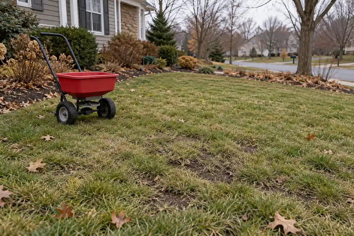 Late-autumn thin lawn with a red seed spreader beside exposed soil patches