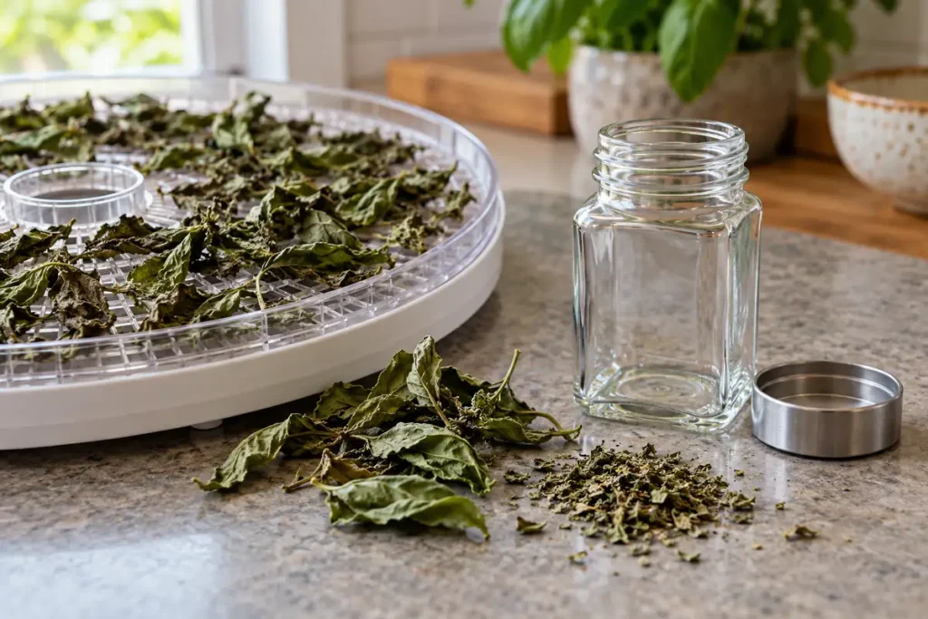 Whole dried basil leaves and crumbled flakes beside a clean dry spice jar