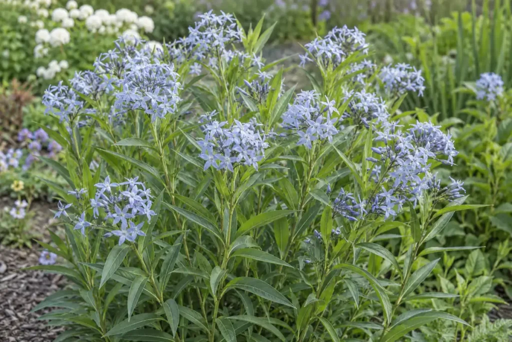 Pale blue star-shaped eastern bluestar flowers above upright narrow-leaved stems