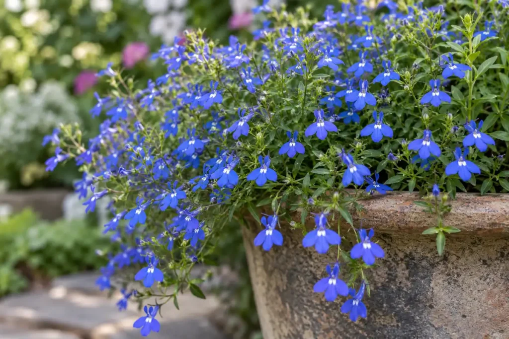 Small blue edging lobelia flowers trailing over a garden pot rim