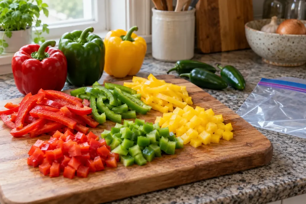 Whole bell peppers, cut strips and dice on a kitchen cutting board